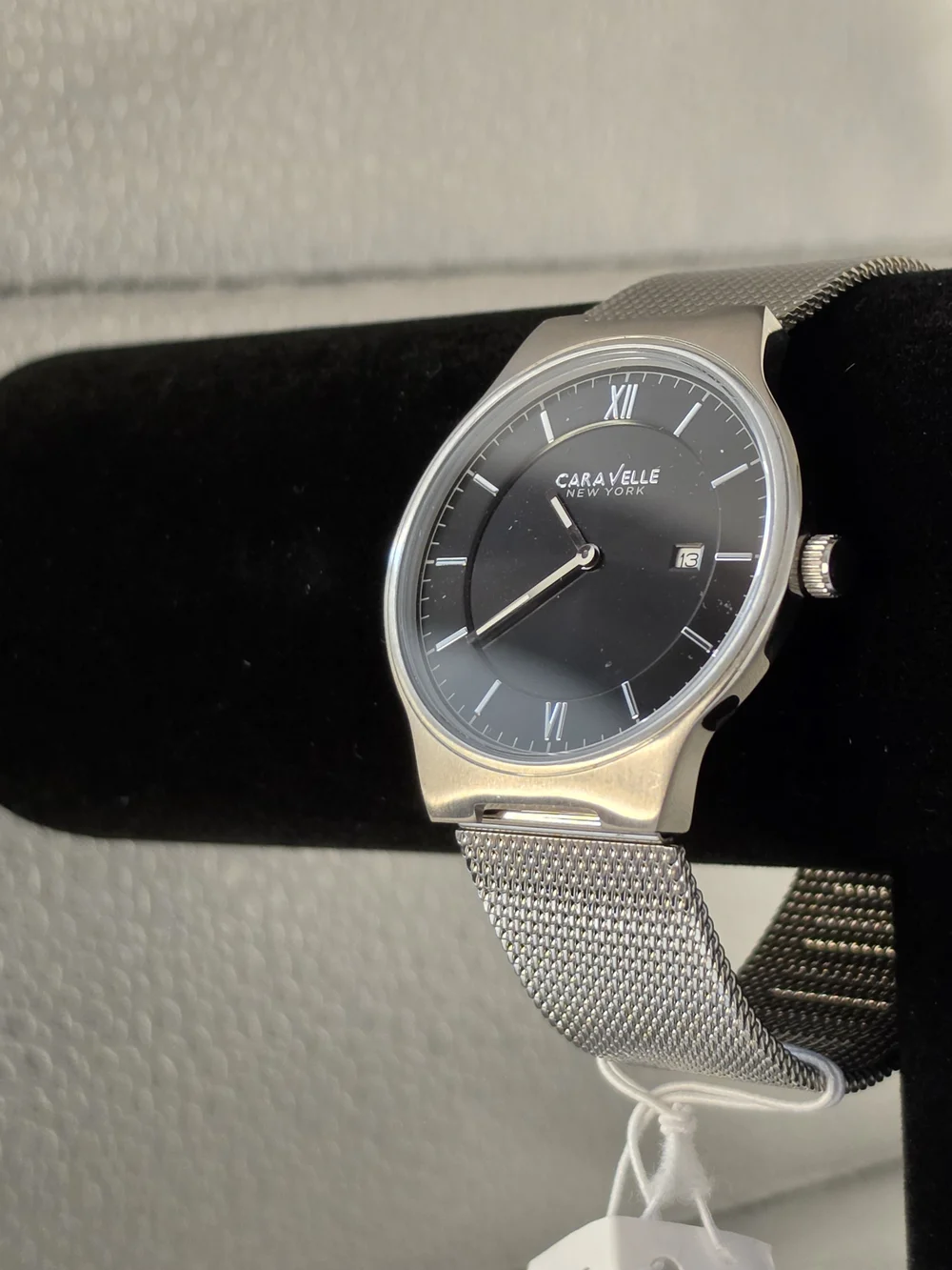Caravelle New York Men's Silver Mesh Watch with Black Dial